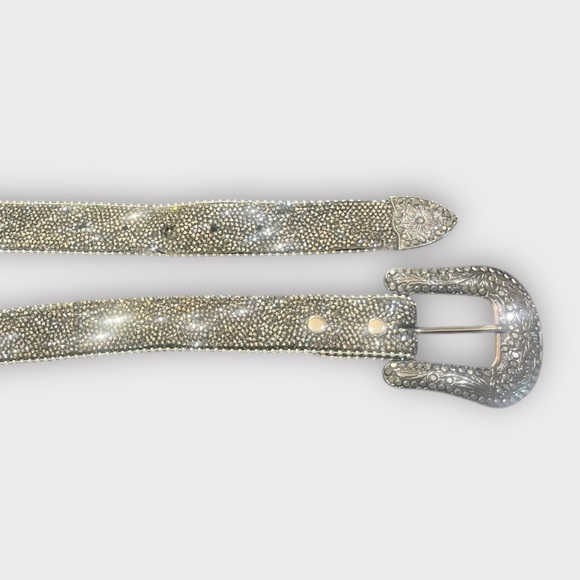 Black and Silver Beaded Rhinestone Leather Belt - Picture 2 of 5